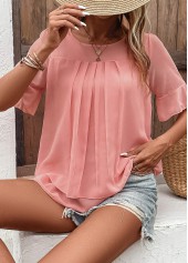 Pink tops,Plain Color tops,Layered Pink Round Neck Short Sleeve Blouse