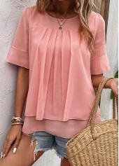 Pink tops,Plain Color tops,Layered Pink Round Neck Short Sleeve Blouse