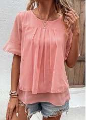Pink tops,Plain Color tops,Layered Pink Round Neck Short Sleeve Blouse