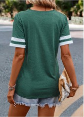 Green tops,Plain Color tops,Patchwork Green V Neck Short Sleeve T Shirt
