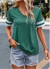 Green tops,Plain Color tops,Patchwork Green V Neck Short Sleeve T Shirt