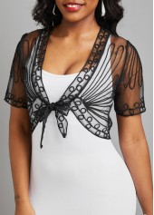 Black outerwear & coats,Plain Color outerwear & coats,Mesh Black V Neck Short Sleeve Coat