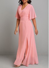 Pink dresses,Plain Color dresses,Split Pink V Neck Short Sleeve Maxi Dress