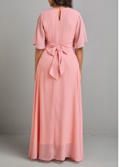 Pink dresses,Plain Color dresses,Split Pink V Neck Short Sleeve Maxi Dress