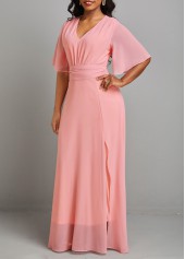 Pink dresses,Plain Color dresses,Split Pink V Neck Short Sleeve Maxi Dress