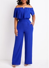 Smocked Royal Blue Long Regular Off Shoulder Jumpsuit