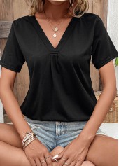 Black tops,Plain Color tops,Black V Neck Short Sleeve T Shirt