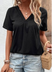 Black tops,Plain Color tops,Black V Neck Short Sleeve T Shirt