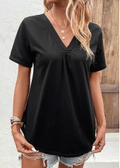 Black tops,Plain Color tops,Black V Neck Short Sleeve T Shirt