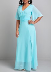 Neon Blue dresses,Plain Color dresses,Bowknot Neon Blue V Neck Maxi Dress