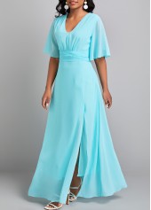 Neon Blue dresses,Plain Color dresses,Bowknot Neon Blue V Neck Maxi Dress