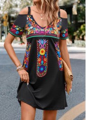Cut Out Tribal Print Black Short Dress