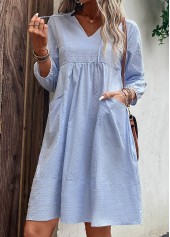 Light Blue dresses,Plain Color dresses,Pocket Light Blue Split Neck Shift Dress