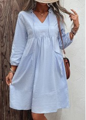 Light Blue dresses,Plain Color dresses,Pocket Light Blue Split Neck Shift Dress