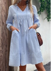 Light Blue dresses,Plain Color dresses,Pocket Light Blue Split Neck Shift Dress