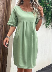 Green dresses,Plain Color dresses,Everyday dresses,Casual dresses,Pocket Green Round Neck Shift Dress