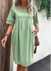 Green dresses,Plain Color dresses,Everyday dresses,Casual dresses,Pocket Green Round Neck Shift Dress