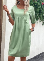 Green dresses,Plain Color dresses,Everyday dresses,Casual dresses,Pocket Green Round Neck Shift Dress