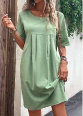 Green dresses,Plain Color dresses,Everyday dresses,Casual dresses,Pocket Green Round Neck Shift Dress