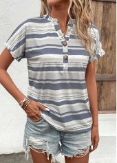 Multi Color tops,Striped tops,Geometric tops,Button Striped Multi Color Split Neck Blouse
