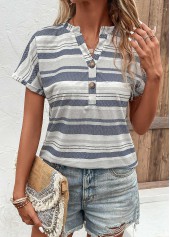 Multi Color tops,Striped tops,Geometric tops,Button Striped Multi Color Split Neck Blouse