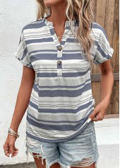 Button Striped Multi Color Split Neck Blouse