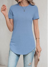 Dusty Blue tops,Plain Color tops,Button Detail Dusty Blue Round Neck T Shirt
