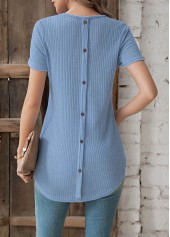 Dusty Blue tops,Plain Color tops,Button Detail Dusty Blue Round Neck T Shirt