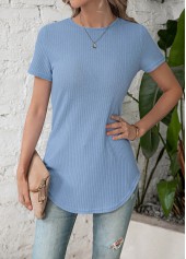 Dusty Blue tops,Plain Color tops,Button Detail Dusty Blue Round Neck T Shirt