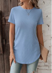 Button Detail Dusty Blue Round Neck T Shirt
