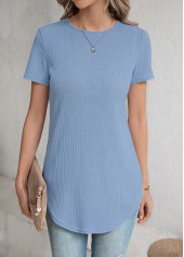 Dusty Blue tops,Plain Color tops,Button Detail Dusty Blue Round Neck T Shirt