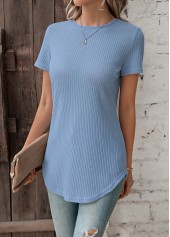 Dusty Blue tops,Plain Color tops,Button Detail Dusty Blue Round Neck T Shirt