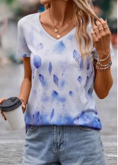 Blue tops,White tops,Plants tops,Ombre tops,Leaf Print Blue V Neck T Shirt