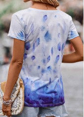 Blue tops,White tops,Plants tops,Ombre tops,Leaf Print Blue V Neck T Shirt