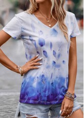 Blue tops,White tops,Plants tops,Ombre tops,Leaf Print Blue V Neck T Shirt