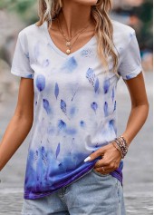 Leaf Print Blue V Neck T Shirt