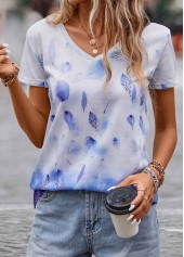 Blue tops,White tops,Plants tops,Ombre tops,Leaf Print Blue V Neck T Shirt