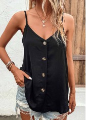 Black tops,Plain Color tops,Button Black V Neck Strappy Camisole Top