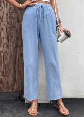 Light Blue bottoms,Plain Color bottoms,Pocket Light Blue Drawastring High Waisted Pants