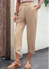 Light Camel bottoms,Plain Color bottoms,Pocket Light Camel Elastic Waist High Waisted Pants
