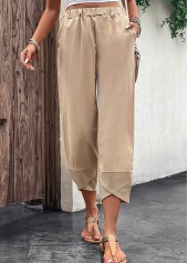 Light Camel bottoms,Plain Color bottoms,Pocket Light Camel Elastic Waist High Waisted Pants