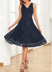 V Neck Lace Navy Sleeveless Dress