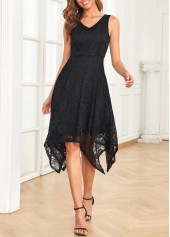 Black dresses,Plain Color dresses,V Neck Lace Black Sleeveless Dress