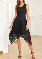 V Neck Lace Black Sleeveless Dress