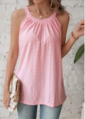 Pink tops,Plain Color tops,Ruched Pink Round Neck Sleeveless T Shirt