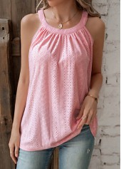 Pink tops,Plain Color tops,Ruched Pink Round Neck Sleeveless T Shirt