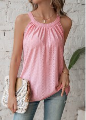 Pink tops,Plain Color tops,Ruched Pink Round Neck Sleeveless T Shirt