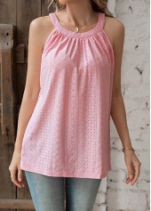 Pink tops,Plain Color tops,Ruched Pink Round Neck Sleeveless T Shirt