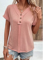 Pink tops,Plain Color tops,Patchwork Pink V Neck Short Sleeve T Shirt