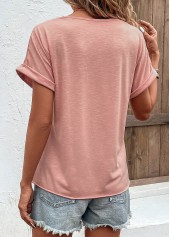 Pink tops,Plain Color tops,Patchwork Pink V Neck Short Sleeve T Shirt
